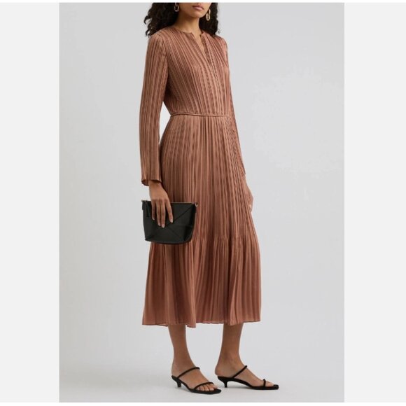 Vince Pleated Satin Long-Sleeve Midi Dress - Picture 2 of 11